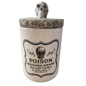 Halloween Canister Cookie Jar Witch Poison Skull Spider Webs Scary Decor NEW